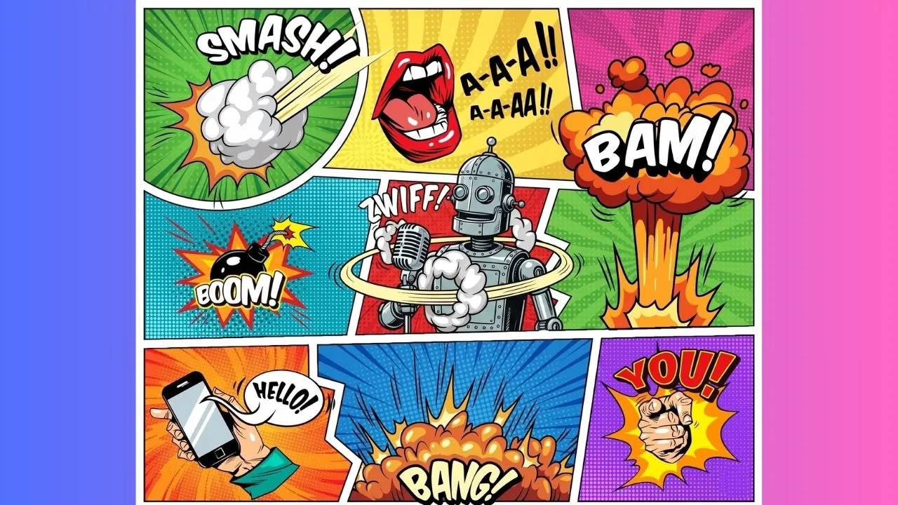 A vibrant, multi-paneled pop art comic strip montage featuring various action sound effects and illustrations in a classic, retro style with heavy ink outlines.