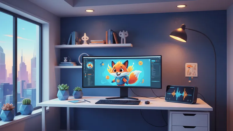 A modern animation workspace showing a colorful cartoon character on a monitor with an audio waveform interface displayed alongside it.