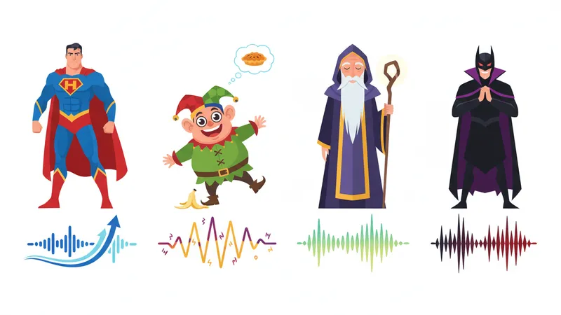 A flat design illustration showing four distinct cartoon character archetypes each paired with a colorful audio waveform beneath them.