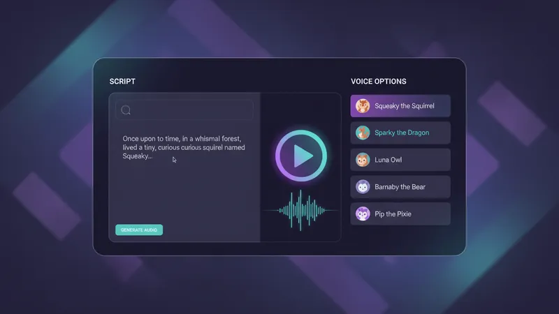 A dark mode UI mockup of an AI voice generation platform showing a script editor alongside a list of cartoon character voice options.