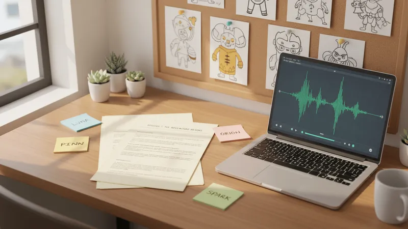 An overhead view of a creator's desk showing a printed script, sticky notes with character names, a laptop with an audio waveform, and cartoon character sketches on a corkboard.