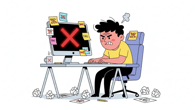 A flat illustration of a cartoon-style creator character looking frustrated at a computer screen showing a red X, surrounded by crumpled paper and crossed-out sticky notes.