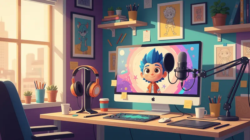 A digital animation workspace with a cartoon character displayed on a monitor surrounded by audio equipment and colorful waveforms.