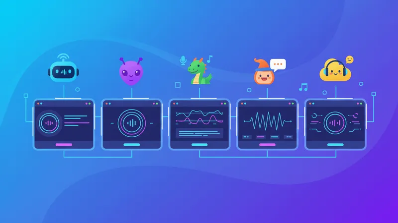 Five computer screens displaying different AI voice generation tool interfaces with cartoon character icons floating above each one.