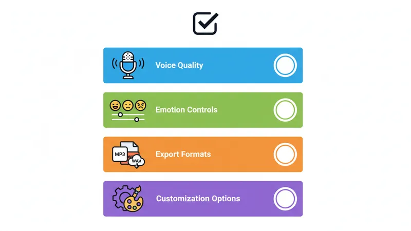 A flat vector checklist graphic showing cartoon-style icons for voice quality, emotion controls, export formats, and customization features.