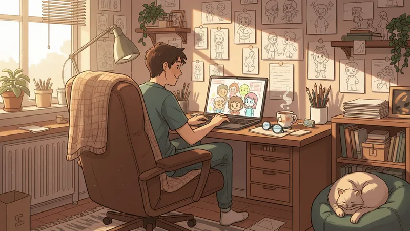 A solo creator working on a laptop in a home studio with cartoon character storyboards pinned to the wall behind them.
