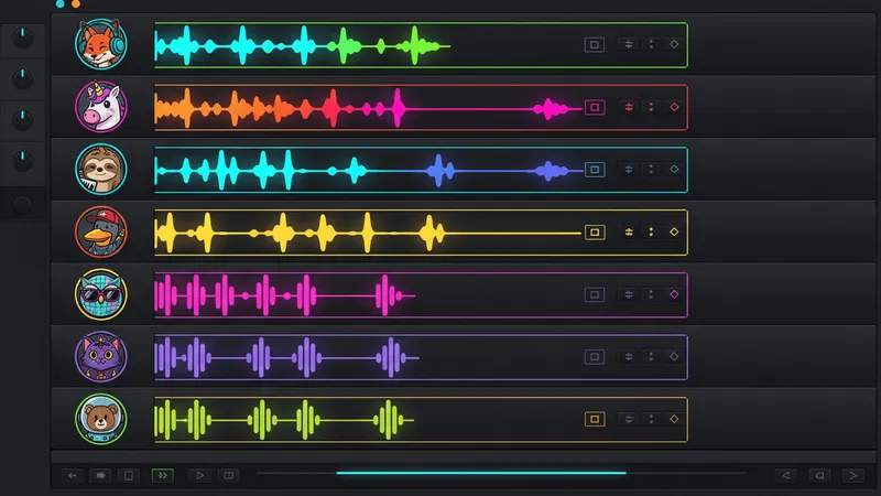 A dark-mode audio editing interface showing colorful waveforms with cartoon character avatars displayed beside each audio track.