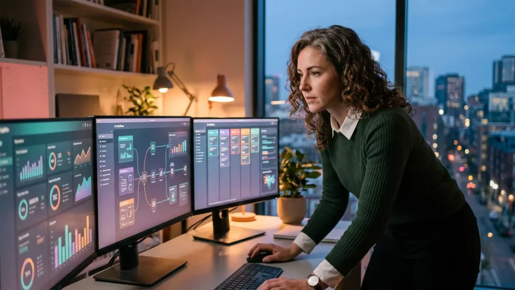 A woman using AI task prioritization to help with her daily workload.