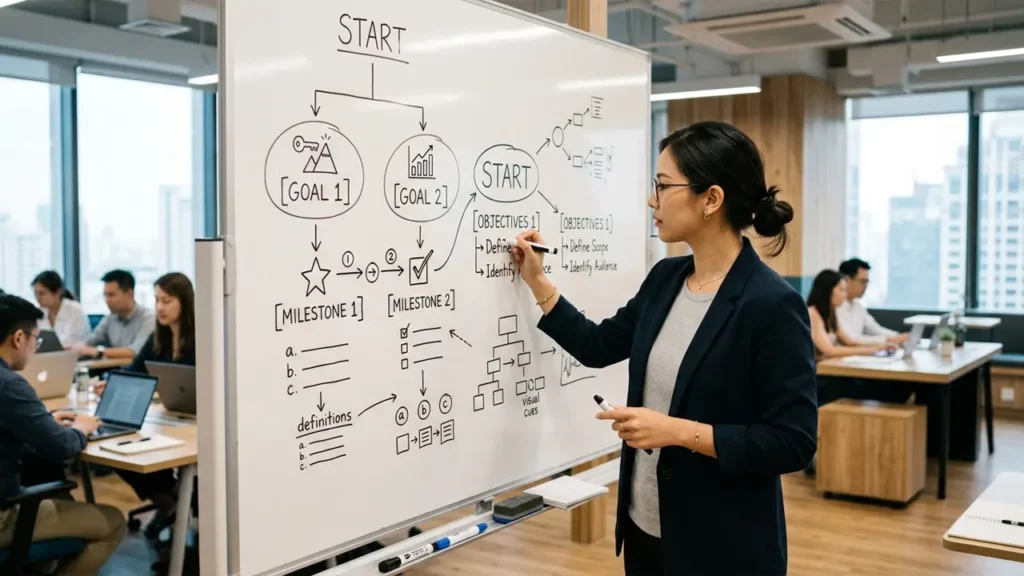 A woman planning out clear objectives of AI implementation.