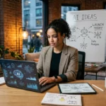 A woman planning out different AI business ideas.