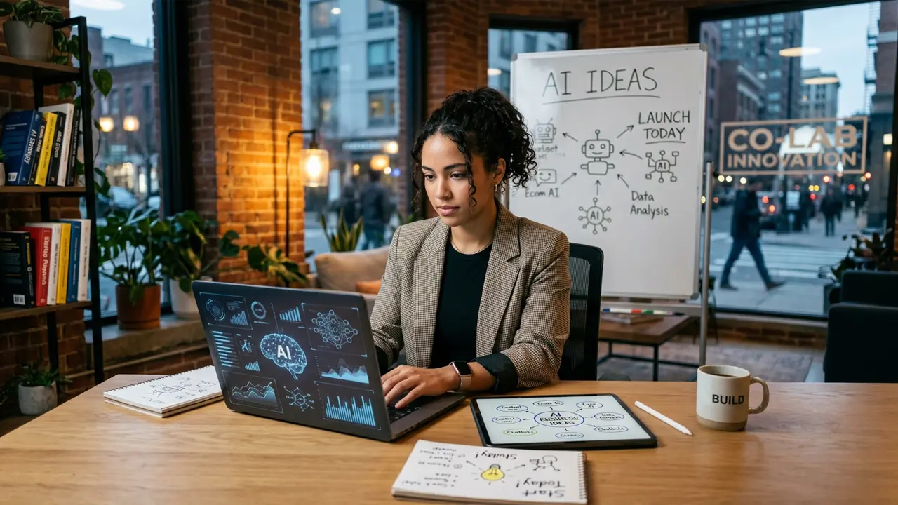 A woman planning out different AI business ideas.