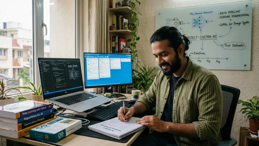 A man studying and planning out his AI business idea.