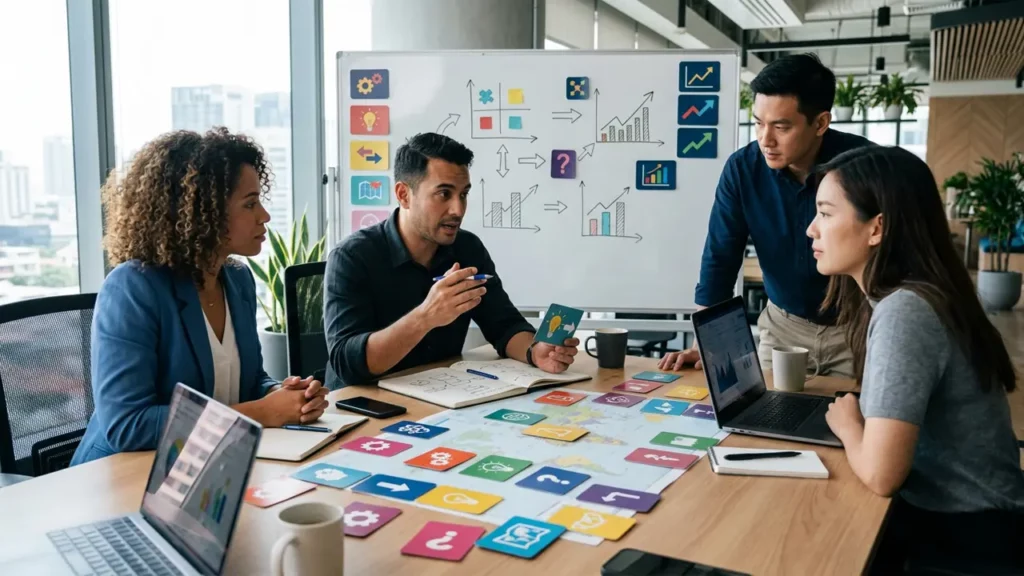 A group of office workers using prompts for strategy and decision-making.