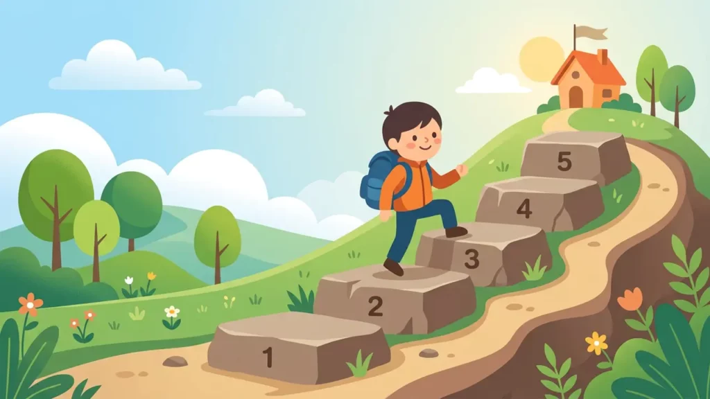 A person walking up a hill step-by-step.