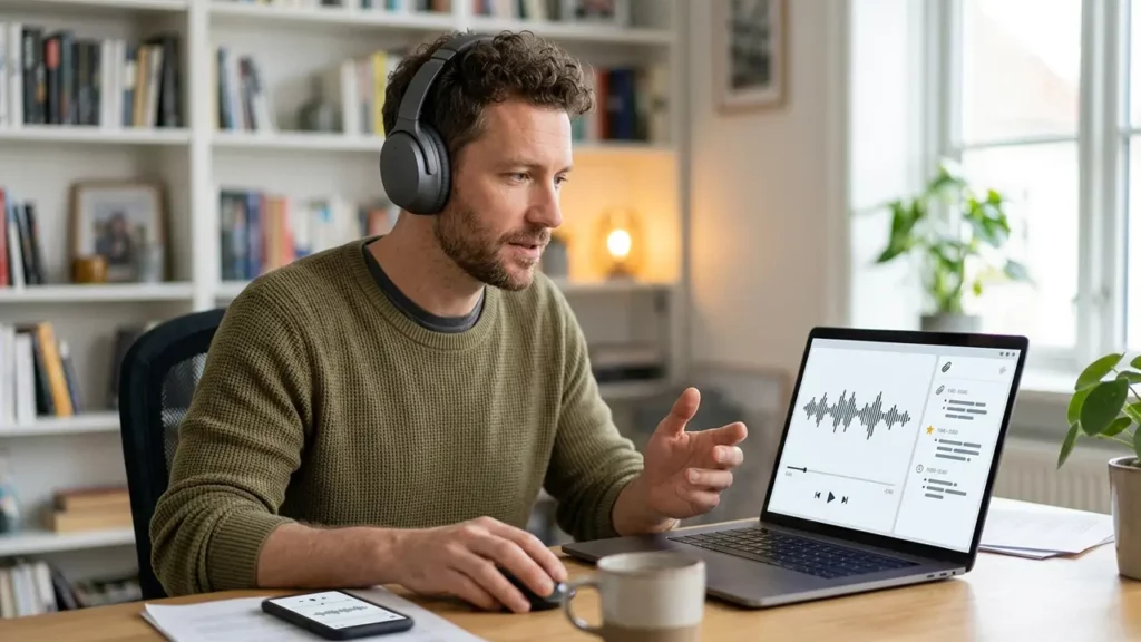 A person paring AI summarizer outputs with audio.