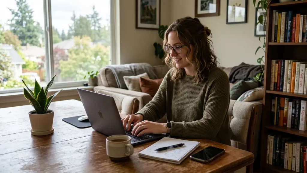 A woman using an AI PDF summarizer at home on her laptop.