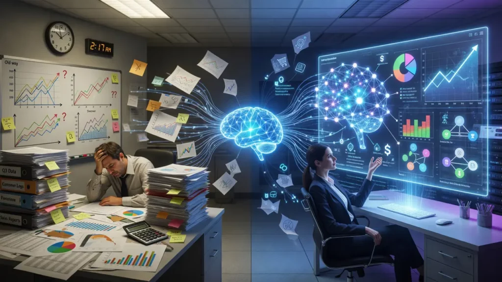 A business turning to AI for data analysis, and another business using traditional data analysis methods.