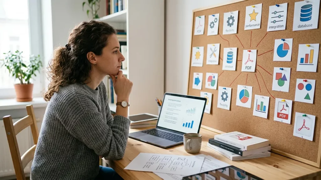 A woman thinking about the right AI data analysis tools for her needs.