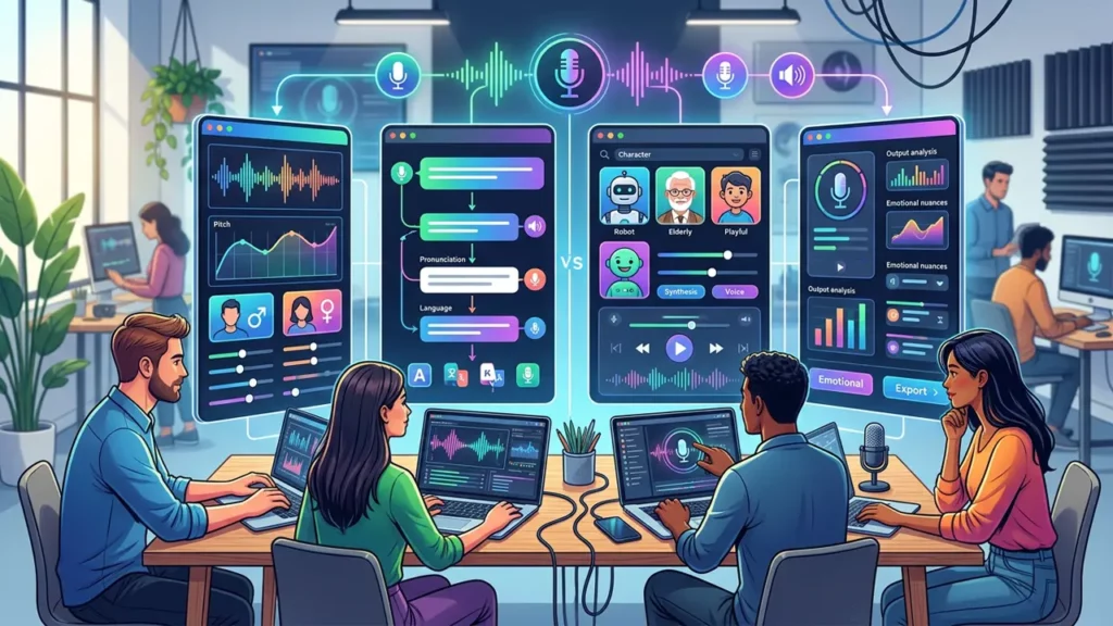 A group of people comparing AI voice tools.