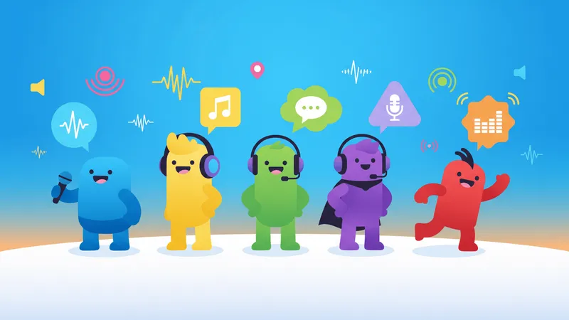 Colorful cartoon characters with speech bubbles and audio waveforms in a bright digital illustration.