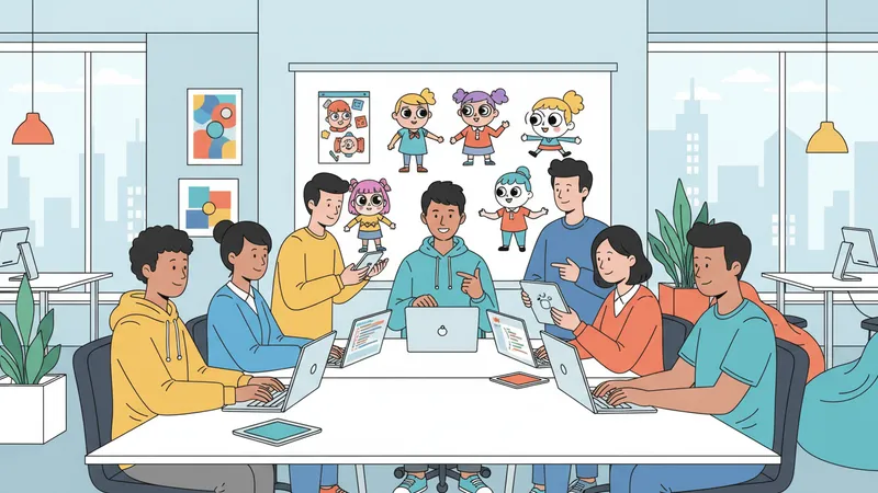 A diverse group of content creators working with laptops and cartoon character designs pinned to a whiteboard in a colorful office.