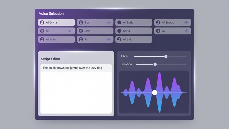 An AI voice generation interface showing voice selection options, waveform previews, and emotion sliders in a modern purple and blue UI design.