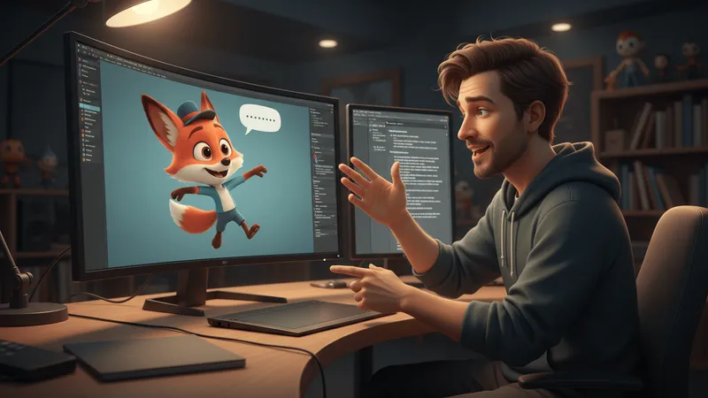 An animator sitting at a desk gesturing expressively while directing a cartoon character voice performance on dual monitors.