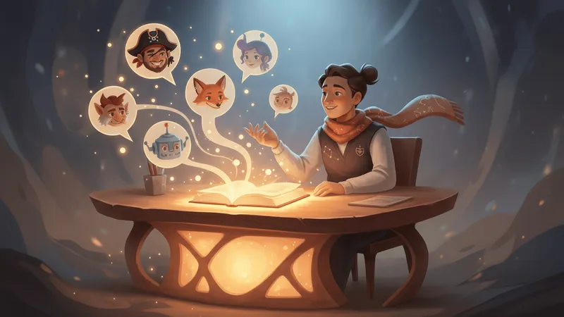 A storyteller sits at a glowing desk surrounded by floating speech bubbles each containing a different cartoon character face.