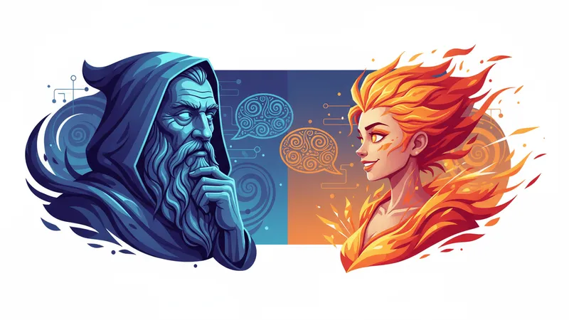 Two distinct AI voice character avatars face each other in a dialogue scene, one rendered in deep blue tones and one in bright orange tones.