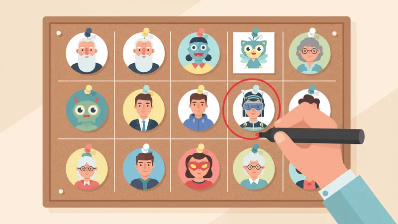 A casting board displays multiple AI character voice avatars of diverse styles and ages with a hand circling one selected character.