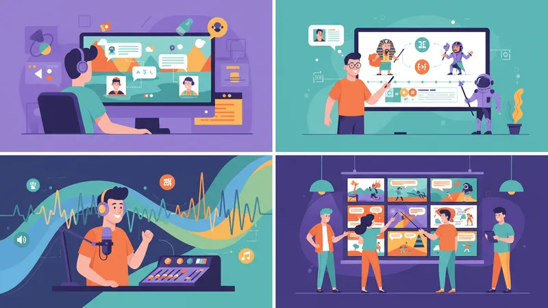 A four-quadrant illustration shows a game developer, educator, podcaster, and studio team each using AI voice characters in different creative contexts.