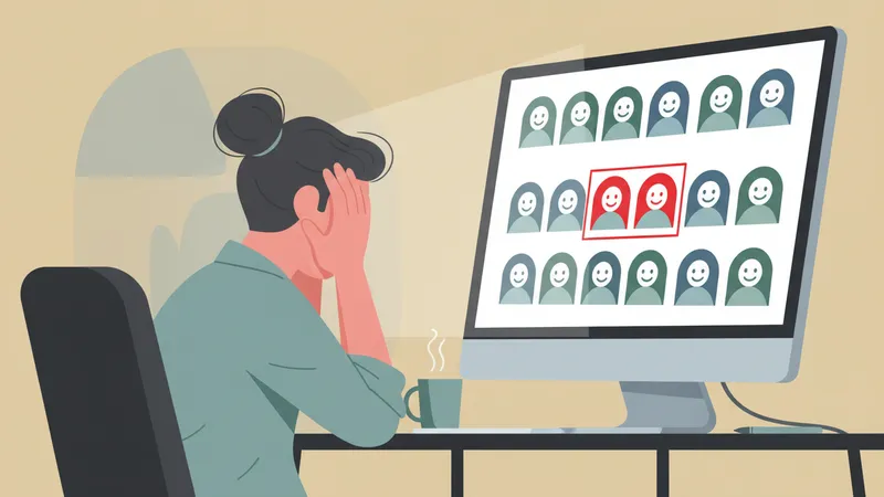 A frustrated creator looks at a screen displaying multiple identical character icons highlighted in red, illustrating the mistake of reusing the same voice.