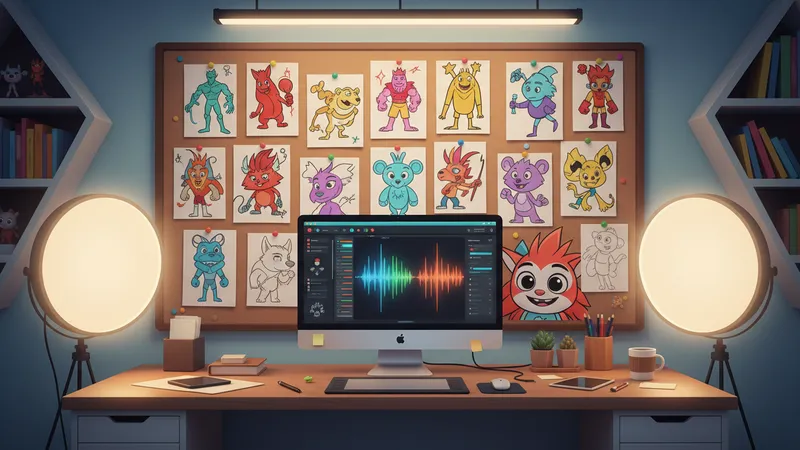 A colorful animation studio desk with a glowing screen displaying a cartoon character voice waveform and illustrated character sketches pinned to a corkboard.