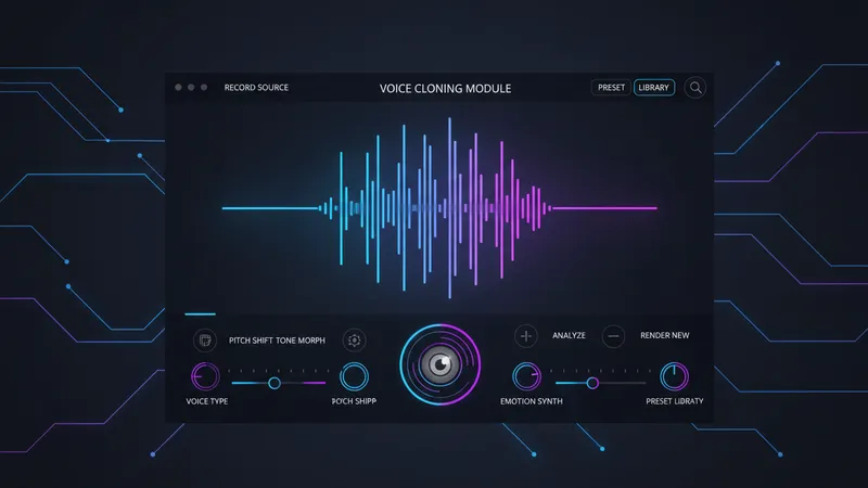 A dark-themed audio production interface displaying a glowing blue waveform visualization and voice cloning controls with neon purple accents.