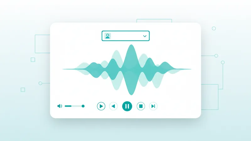 A bright white and teal web application dashboard showing a voice generation interface with a waveform display and voice selection dropdown menu.