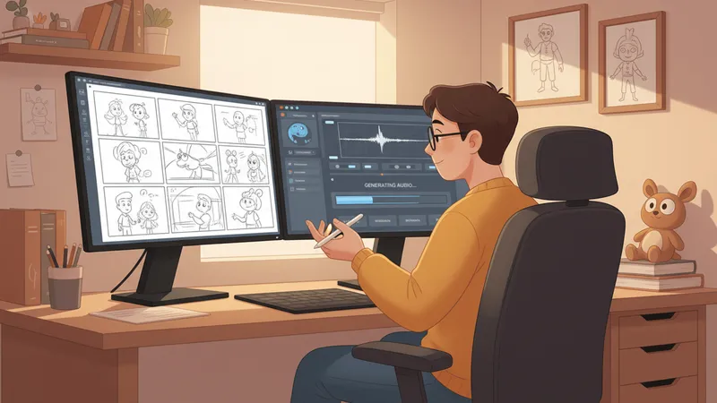A person working at a dual-monitor home animation studio setup with a cartoon storyboard on one screen and a voice generation tool with a progress bar on the other.