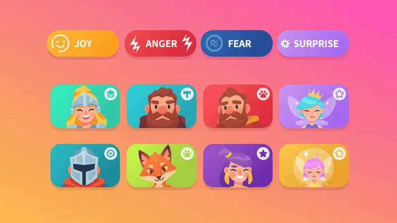 A vibrant voice generation platform interface showing emotion selection buttons and colorful character voice cards on a bright orange and pink gradient background.