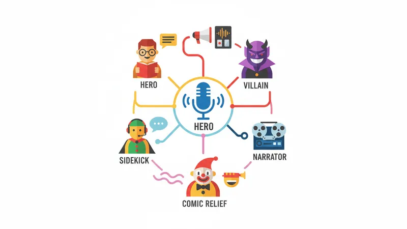 A flat design illustration showing five cartoon character archetypes each connected by lines to different AI voice tool icons on a white background.