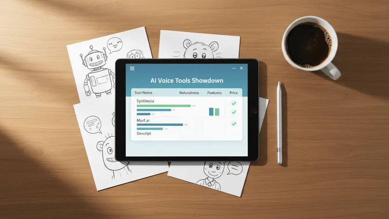An overhead flat-lay view of a wooden desk with a tablet displaying an AI voice tool comparison chart surrounded by cartoon character sketches and a cup of coffee.