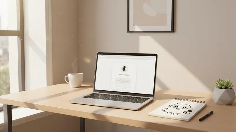 A laptop on a wooden desk beside a coffee mug, a doodle notebook, and a small plant in a bright, minimal workspace.