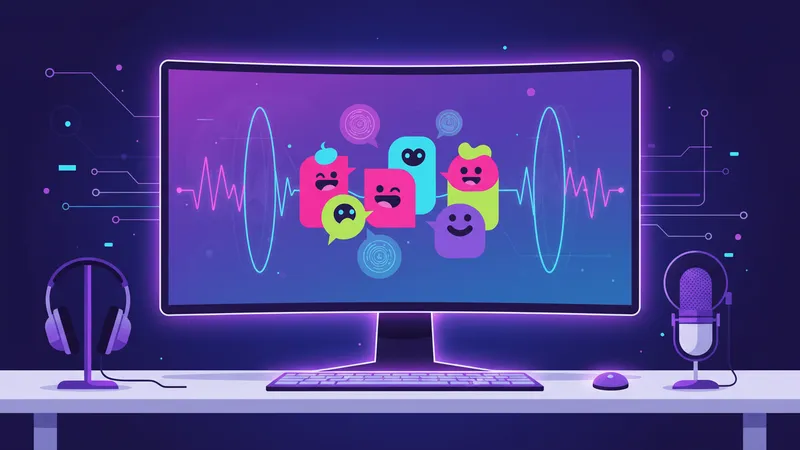 A digital workspace showing colorful animated characters with speech bubbles on a glowing screen surrounded by audio waveforms.