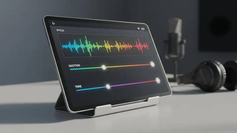 A tablet displaying a sleek audio production interface with voice character sliders for pitch, emotion, and tone controls.