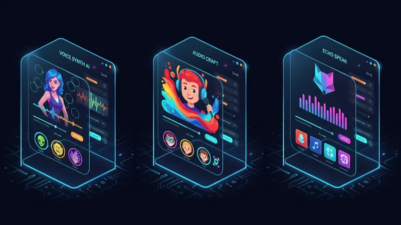A side-by-side comparison of three AI voice platform interfaces on screens showing character icons and waveform displays.