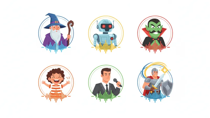 A diverse grid of illustrated character portraits including a wizard, robot, cartoon villain, child, narrator, and fantasy hero each with audio waveforms.