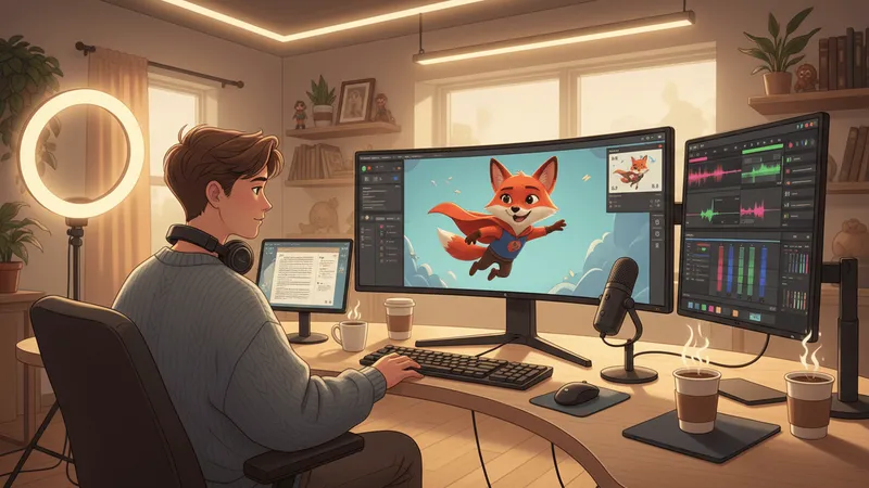 A content creator at a desk with headphones reviewing an animated character on a monitor with script notes and audio editing software visible.