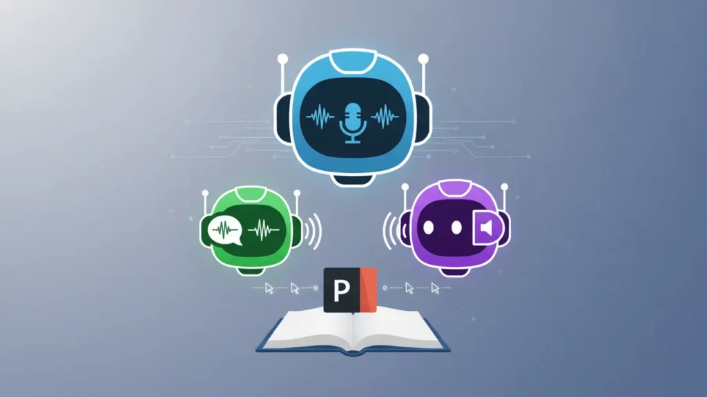 Three colorful robot icons hovering above an open book, representing AI assistants interacting around a PowerPoint logo.