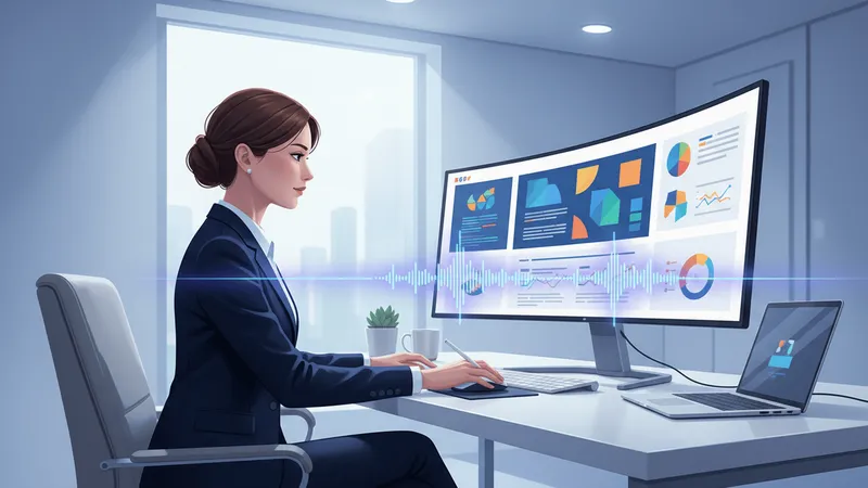 A woman at a modern desk reviews a PowerPoint presentation on a monitor with an audio waveform overlay displayed on screen.