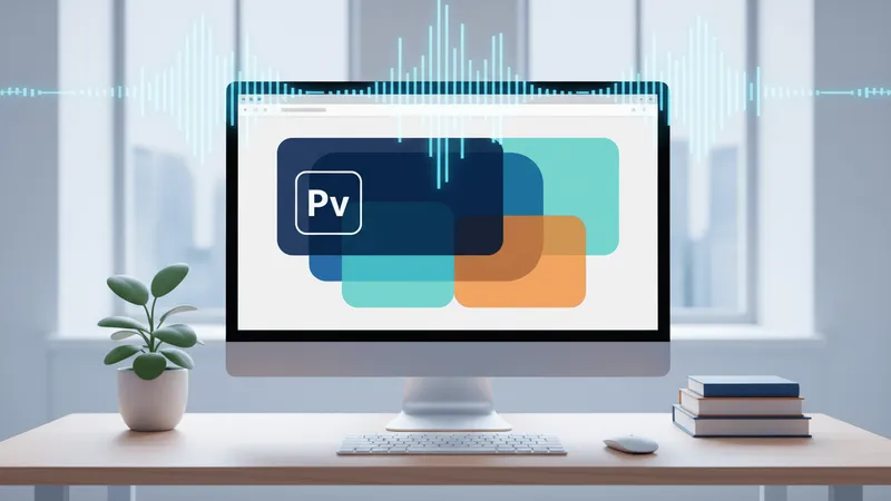 A monitor displaying a PowerPoint presentation with sound wave graphics floating above the screen to represent audio narration.