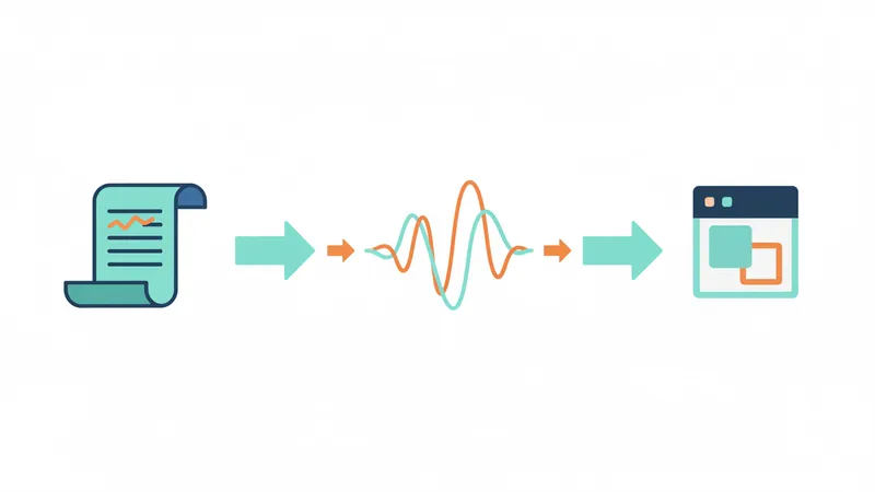 A flat design illustration showing a script document transforming into a sound wave and then into a PowerPoint slide connected by arrows.