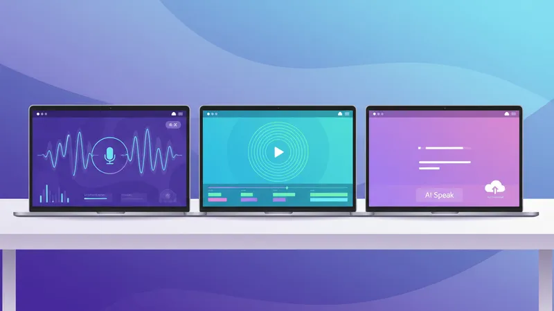 Three laptop screens side by side each displaying a different AI voice platform interface with waveform visualizations on a clean desk.